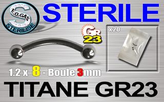 lot de 10 micro bananes titane grade 23 - 1.2 x 8 - boules 3 mm - mentions au dos du sachet : matiere du bijou - date de peremption - type de sterilisation - emballage individuel