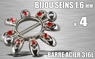 lot de 4 bijoux de seins - barre acier 316 l - 1.6 - diametre : 10.5 mm