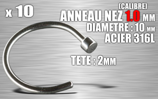 lot de 10 anneau ouvert pour nez - calibre 1.0 mm - diametre 10 mm - tete : 2 mm