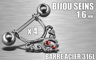 lot de 4 bijoux de seins - barre acier 316 l - 1.6 - diametre : 12 mm
