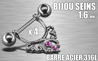 lot de 4 bijoux de seins - barre acier 316 l - 1.6 - diametre : 12 mm