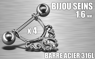 lot de 4 bijoux de seins - barre acier 316 l - 1.6 - diametre : 12 mm