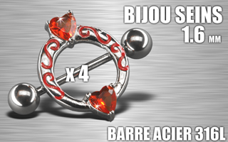 lot de 4 bijoux de seins - barre acier 316 l - 1.6 - diametre : 11 mm