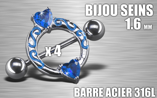lot de 4 bijoux de seins - barre acier 316 l - 1.6- diametre : 11 mm