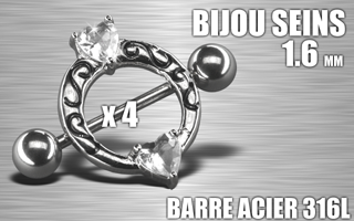 lot de 4 bijoux de seins - barre acier 316 l - 1.6- diametre : 11 mm