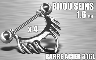 lot de 4 bijoux de seins - barre acier 316 l - 1.6 - diametre : 15 mm