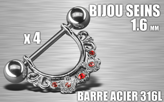 lot de 4 bijoux de seins - barre acier 316 l - 1.6- diametre : 12 mm