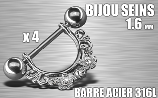 lot de 4 bijoux de seins - barre acier 316 l - 1.6- diametre : 12 mm