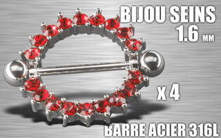 lot de 4 bijoux de seins - barre acier 316 l - 1.6 - diametre : 16 mm
