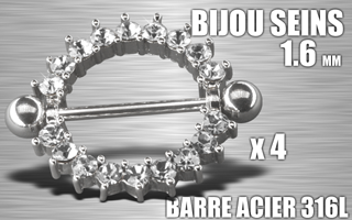 lot de 4 bijoux de seins - barre acier 316 l - 1.6- diametre interne : 12 mm