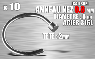 lot de 10 anneau ouvert pour nez - calibre 0.8 mm - diametre 8 mm - tete : 2 mm