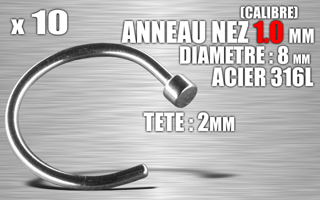 lot de 10 anneau ouvert pour nez - calibre 1.0 mm - diametre 8 mm - tete : 2 mm
