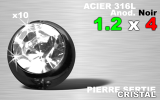 lot de 10 boules acier 316 l anodise noir - 1.2 x 4 - strass serti cristal