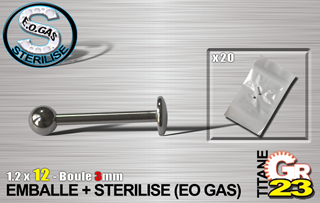 lot de 10 labret tit. gr23 - 1.2 x 12 mm - boule 3mm - emballe individuellement - sterilise. mentions au dos du sachet : matiere du bijou - date de peremption - type de sterilisation