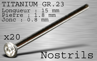 lot de 20 nostrils titage grade 23 - a courber - calibre 0.8 - longueur 15 mm - ziron cristal sertis 1.8 mm
