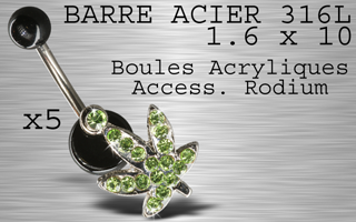 lot de 5 bananes - barre acier 316 l - 1.6 x 10 - boules acrylique noir - cannabis rodium - multi strass vert