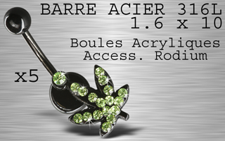 lot de 5 bananes - barre acier 316 l noir - 1.6 x 10 - boules acrylique noir - cannabis rodium noir - multi strass vert