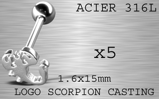 lot de 5 barbell acier 316l - 1.6 x 15 - scorpion casting acier 316l