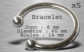 lot de 5 bracelet circulaires - jonc : 8 mm - diametre : 60 mm - boules vissalbes 14 mm - acier 316l