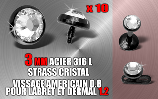 lot de 10 accessoires acier noir vissage americain 0.8 pour bijoux 1.2 mm - strass cristal - diametre 3 mm