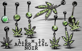 lot de 8 bananes canabis acier 316 l anodise noir + rodium - strass vert - 1.6 x 10