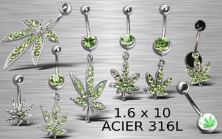 lot de 8 bananes canabis acier 316 l + rodium - strass vert - 1.6 x 10