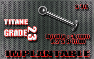 lot de 10 labret 1.2 x 9 - boule 3 mm - titane grade 23