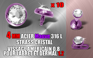 lot de 10 accessoires acier mauve vissage americain 0.8 pour bijoux 1.2 mm - strass cristal - diametre 4 mm