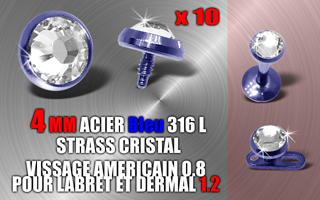 lot de 10 accessoires acier bleu vissage americain 0.8 pour bijoux 1.2 mm - strass cristal - diametre 4 mm