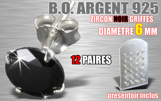12 paires de boucle d oreille argent - zircon noir griffe - diametre 6 mm - livre avec presentoir