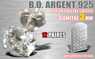 12 paires de boucle d oreille argent - zircon cristal griffe - diametre 3 mm - livre avec presentoir