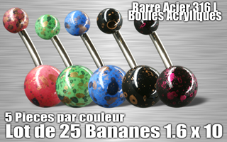 lot de 25 bananes - barre acier 1.6 x 10 - boules acryliques 5 et 8 mm - revetement peint a la main