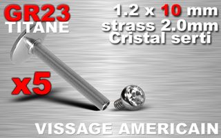 lot de 5 labret titane grade 23 - vissage americain (interne) - strass cristal 2.0 mm serti - 1.2 x 10 mm