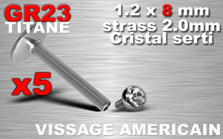 lot de 5 labret titane grade 23 - vissage americain (interne) - strass cristal 2.0 mm serti - 1.2 x 8 mm