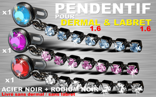 lot de 3 pendentif acier noir + rodium noir et strass rouge - rose et ciel sertis- pour labret et dermal 1.6 - livre sans labret et sans dermal - verifiez les compatibilites