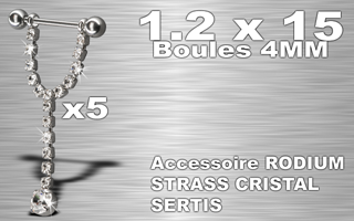 lot de 5 bijoux seins - barre acier 1.2 x 15 - boules 4 mm - chaine rodium - strass cristal sertis