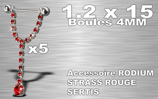 lot de 5 bijoux seins - barre acier 1.2 x 15 - boules 4 mm - chaine rodium - strass rouge sertis