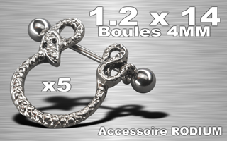 lot de 5 bijoux seins - barre acier 1.6 x 14 - boules 4 mm - accessoire rodium