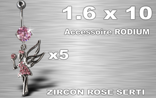 lot de 5 bananes acier 1.6 x 10 - fee strass rose - zircon rose serti - accessoire rodium