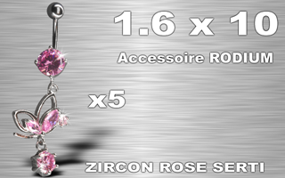 lot de 5 bananes acier 1.6 x 10 - zircon rose serti - accessoire rodium - papillon