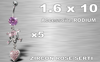 lot de 5 bananes acier 1.6 x 10 - zircon rose serti - accessoire rodium