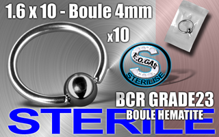 lot de 10 bcr titane grade 23 - 1.6 x 10 - boule hematite 4 mm - mentions au dos du sachet : matiere du bijou - date de peremption - type de sterilisation - emballage individuel