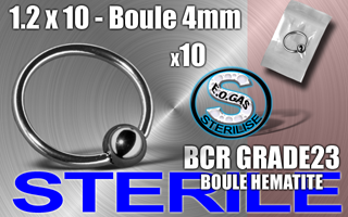 lot de 10 bcr titane grade 23 - 1.2 x 10 - boule hematite 4 mm - mentions au dos du sachet : matiere du bijou - date de peremption - type de sterilisation - emballage individuel
