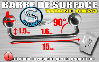 lot de 5 surface titane grade 23 - 1.6 x 15 - hauteur : 1.5 - angle : 90 degres - boule 4 mm - mentions au dos du sachet : matiere du bijou - date de peremption - type de sterilisation - emballage individuel