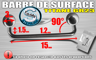 lot de 5 surface titane grade 23 - 1.2 x 15 - hauteur : 1.5 - angle : 90 degres - boule 3 mm - mentions au dos du sachet : matiere du bijou - date de peremption - type de sterilisation - emballage individuel