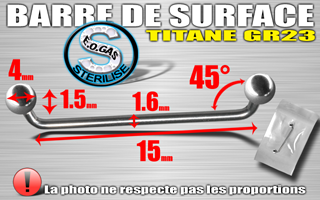 lot de 5 surface titane grade 23 - 1.6 x 15 - hauteur : 1.5 - angle : 45 degres - boule 4 mm - mentions au dos du sachet : matiere du bijou - date de peremption - type de sterilisation - emballage individuel
