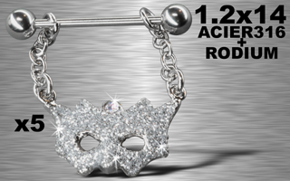 lot de 5 bijoux seins - barre acier 316l - 1.2 x 14- masque rodium paillete.