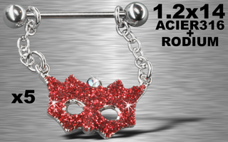 lot de 5 bijoux seins - barre acier 316l - 1.2 x 14- masque rodium paillete.