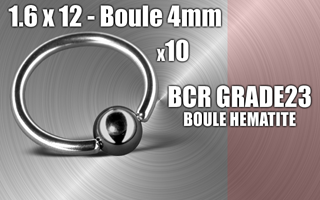 lot de 10 bcr titane grade 23 - 1.6 x 12 - boule hematite 4 mm