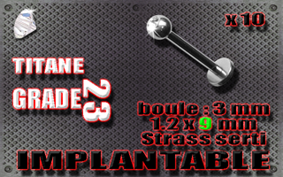 lot de 10 labret titane grade 23 - 1.2 x 9 - boule 3 mm avec strass serti.